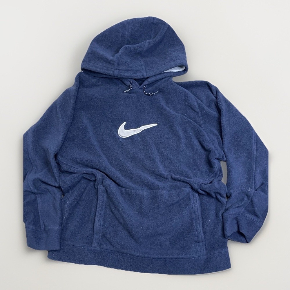 Vintage 90s Y2K Nike Hoodie Big Center Swoosh  Navy‎ Sherpa XL